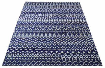Hand Knotted Blue and Ivory 8x10 Southwestern Tribal Trellis Recycled Art Silk Area Rug.