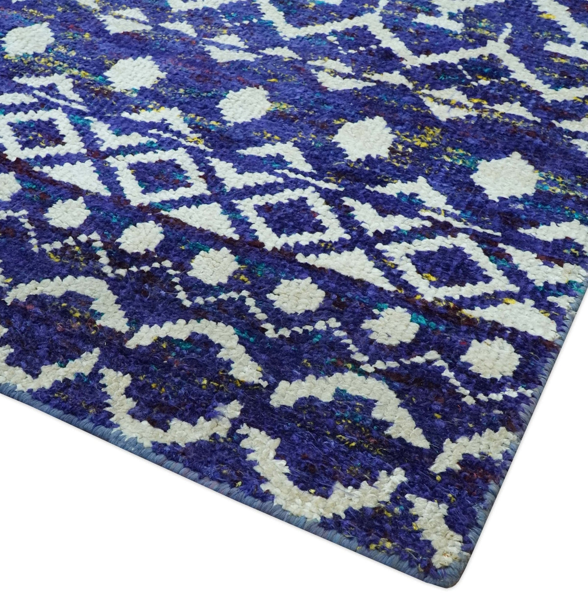 Hand Knotted Blue and Ivory 8x10 Southwestern Tribal Trellis Recycled Art Silk Area Rug.