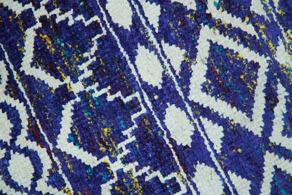 Hand Knotted Blue and Ivory 8x10 Southwestern Tribal Trellis Recycled Art Silk Area Rug.