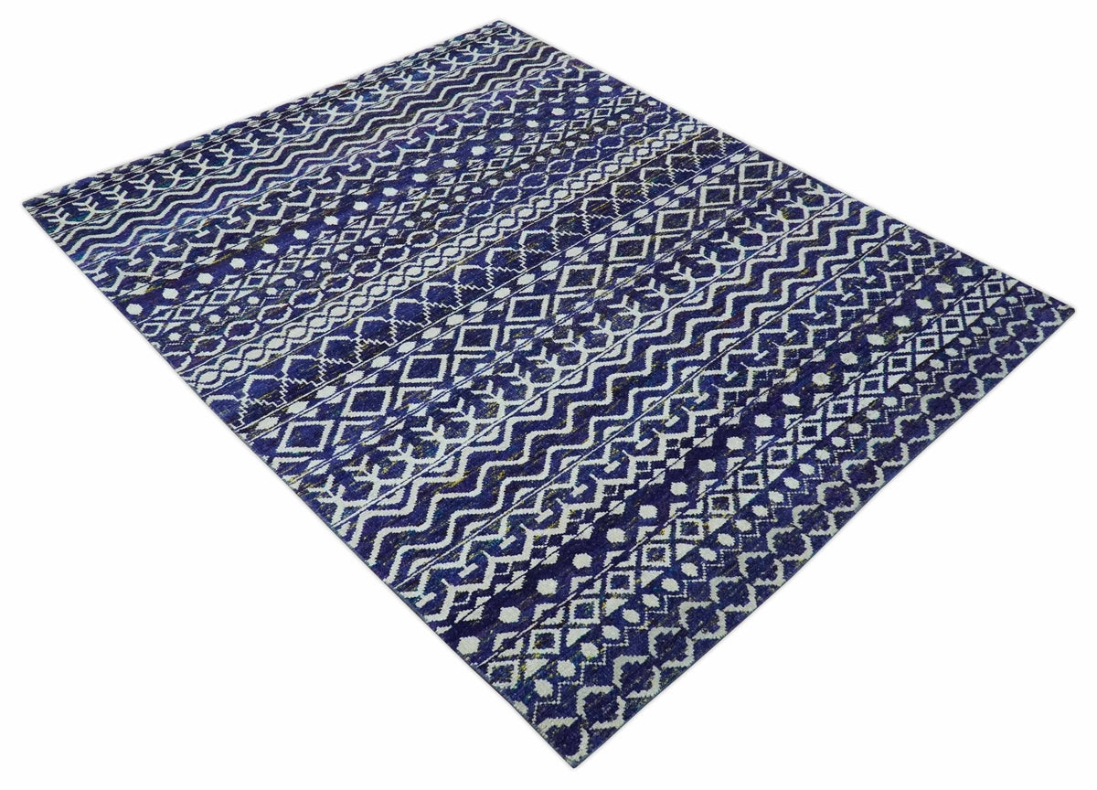 Hand Knotted Blue and Ivory 8x10 Southwestern Tribal Trellis Recycled Art Silk Area Rug.