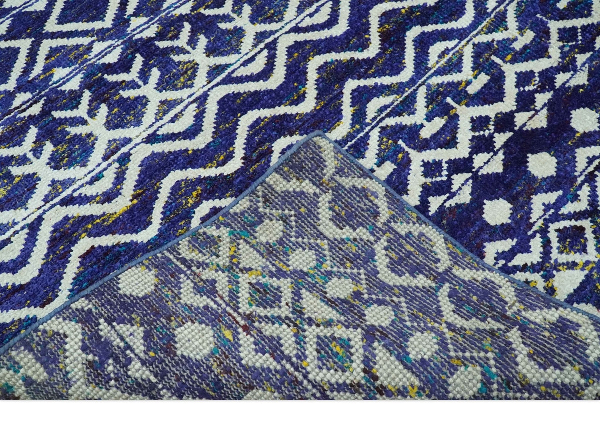 Hand Knotted Blue and Ivory 8x10 Southwestern Tribal Trellis Recycled Art Silk Area Rug.