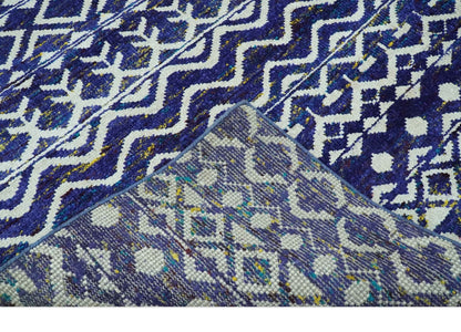 Hand Knotted Blue and Ivory 8x10 Southwestern Tribal Trellis Recycled Art Silk Area Rug.