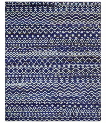 Hand Knotted Blue and Ivory 8x10 Southwestern Tribal Trellis Recycled Art Silk Area Rug.