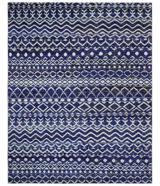 Hand Knotted Blue and Ivory 8x10 Southwestern Tribal Trellis Recycled Art Silk Area Rug.