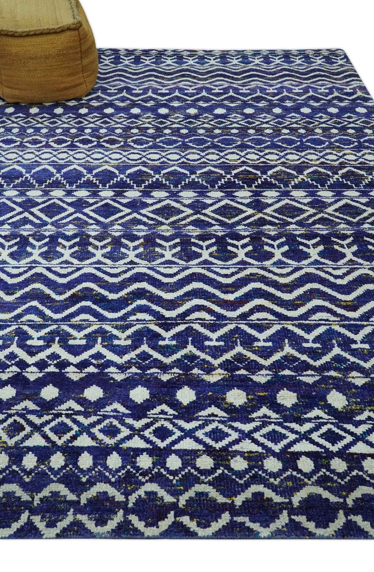 Hand Knotted Blue and Ivory 8x10 Southwestern Tribal Trellis Recycled Art Silk Area Rug.