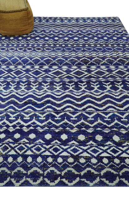 Hand Knotted Blue and Ivory 8x10 Southwestern Tribal Trellis Recycled Art Silk Area Rug.