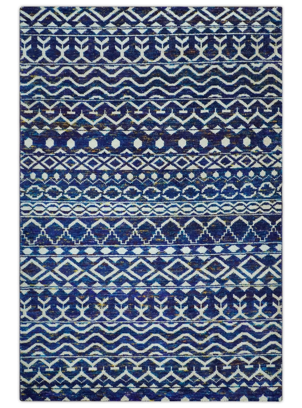 Hand Knotted Blue and Ivory 8x10 Southwestern Tribal Trellis Recycled Art Silk Area Rug.