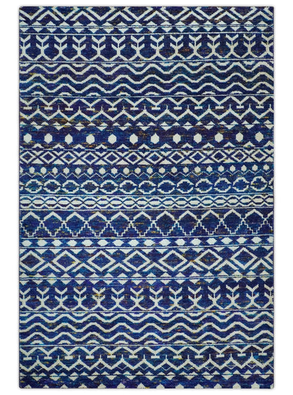 Hand Knotted Blue and Ivory 8x10 Southwestern Tribal Trellis Recycled Art Silk Area Rug.