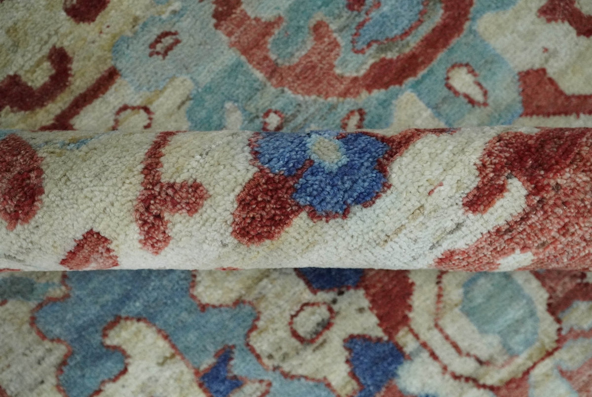 Hand Knotted Blue and Ivory Antique Vintage Style Custom Made Wool Rug.