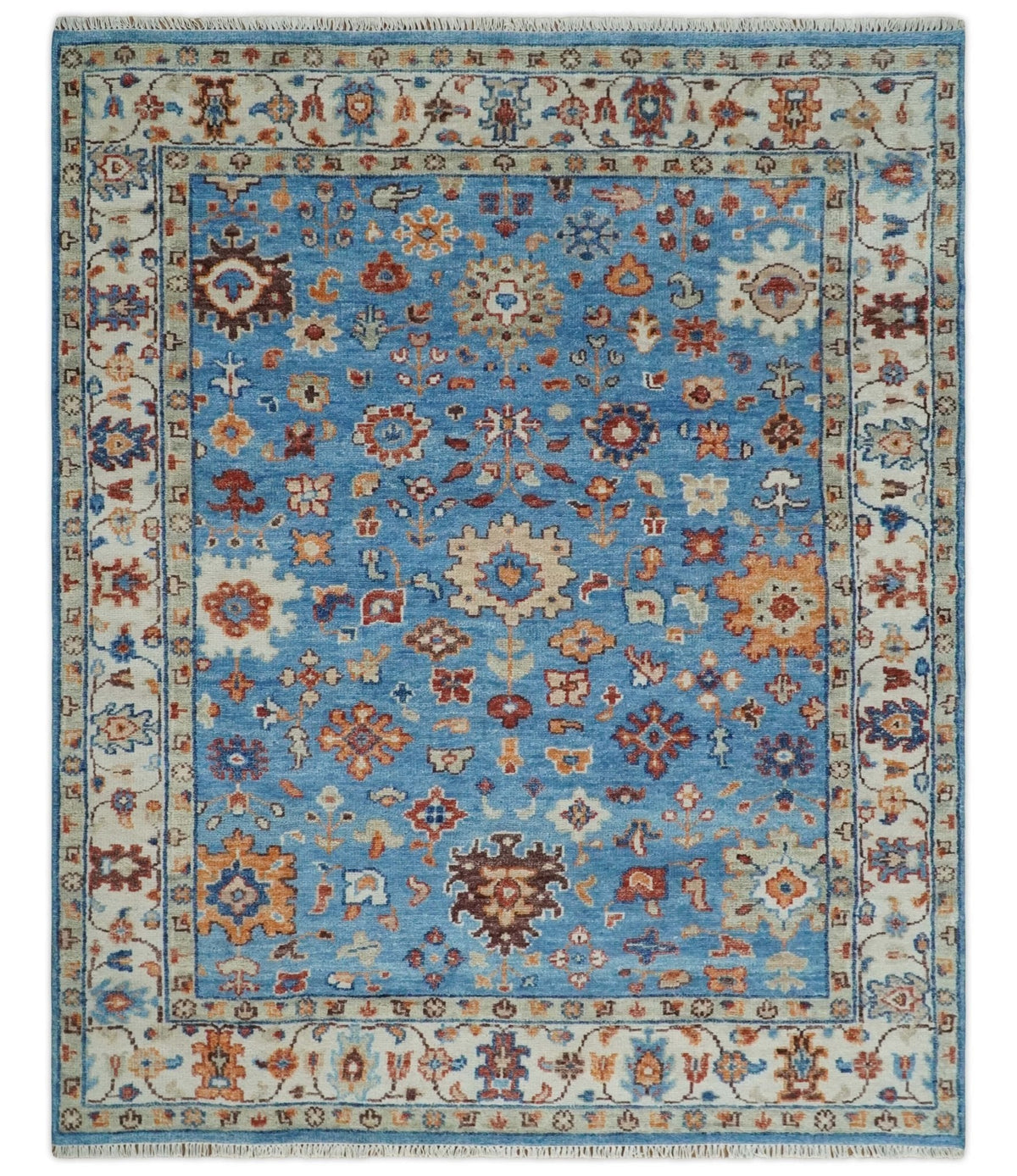 Custom Made Hand Knotted Blue and Ivory Traditional Turkish Oushak Design Wool Rug.