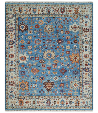 Custom Made Hand Knotted Blue and Ivory Traditional Turkish Oushak Design Wool Rug.