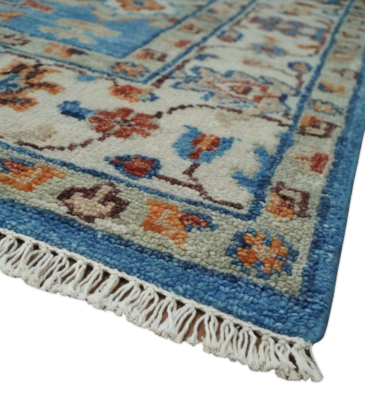 Custom Made Hand Knotted Blue and Ivory Traditional Turkish Oushak Design Wool Rug.