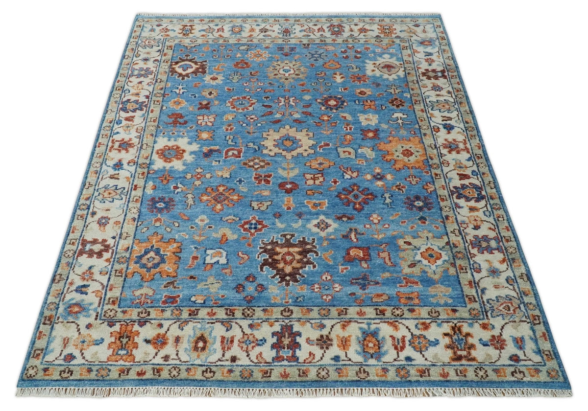 Custom Made Hand Knotted Blue and Ivory Traditional Turkish Oushak Design Wool Rug.