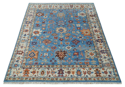 Custom Made Hand Knotted Blue and Ivory Traditional Turkish Oushak Design Wool Rug.
