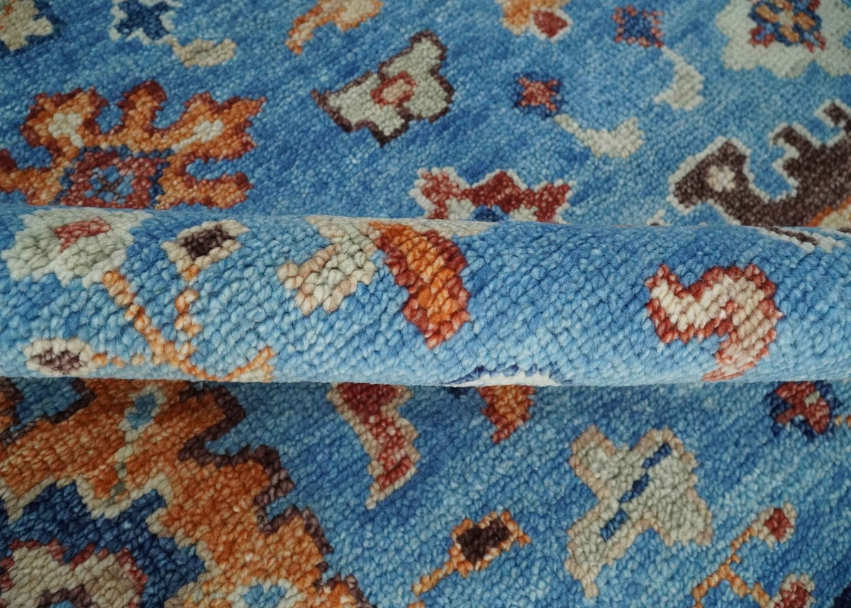 Custom Made Hand Knotted Blue and Ivory Traditional Turkish Oushak Design Wool Rug.