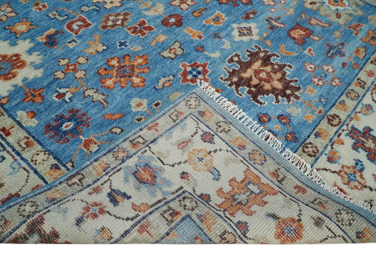 Custom Made Hand Knotted Blue and Ivory Traditional Turkish Oushak Design Wool Rug.