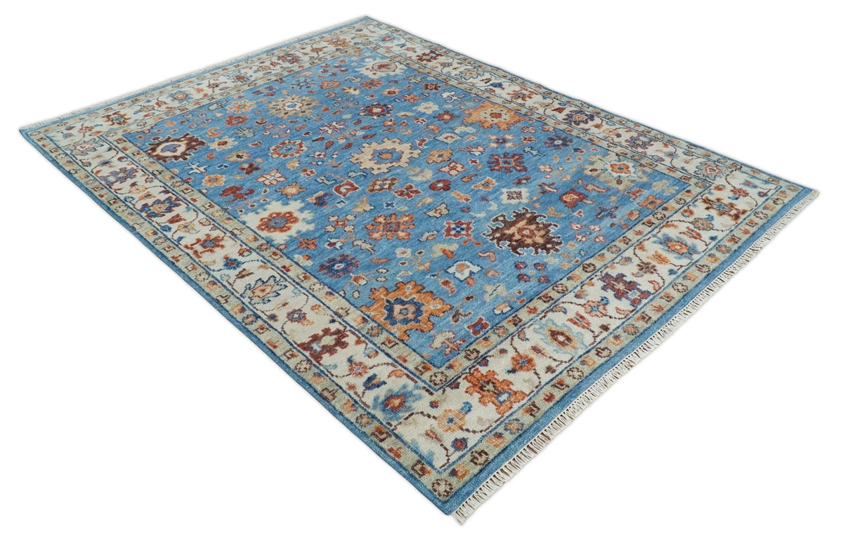 Custom Made Hand Knotted Blue and Ivory Traditional Turkish Oushak Design Wool Rug.