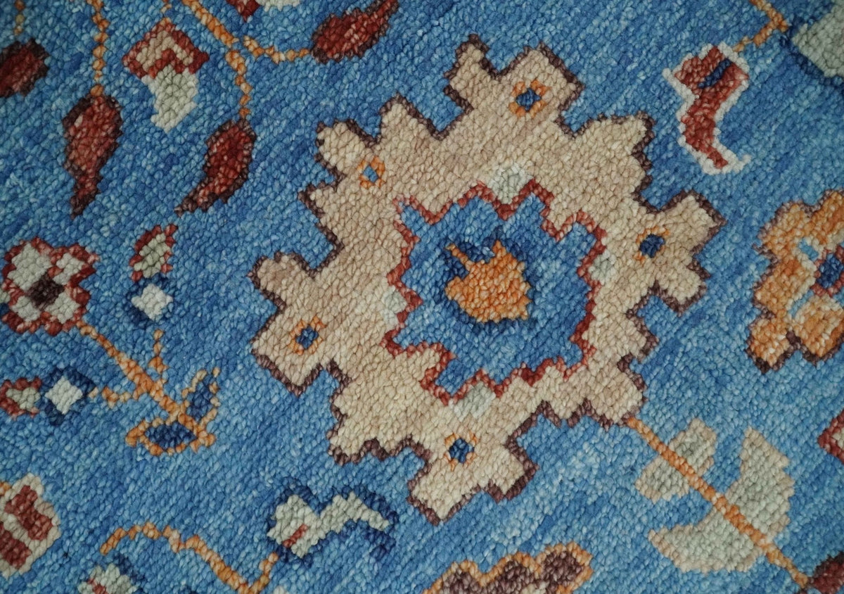 Custom Made Hand Knotted Blue and Ivory Traditional Turkish Oushak Design Wool Rug.