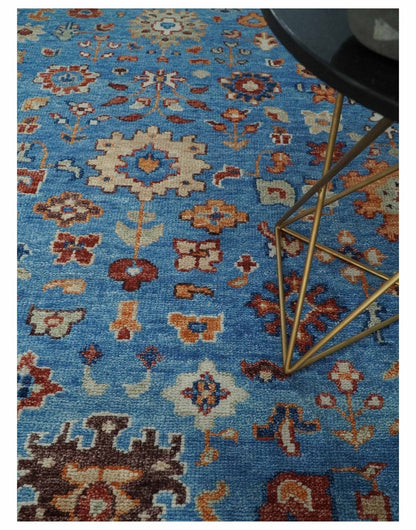 Custom Made Hand Knotted Blue and Ivory Traditional Turkish Oushak Design Wool Rug.