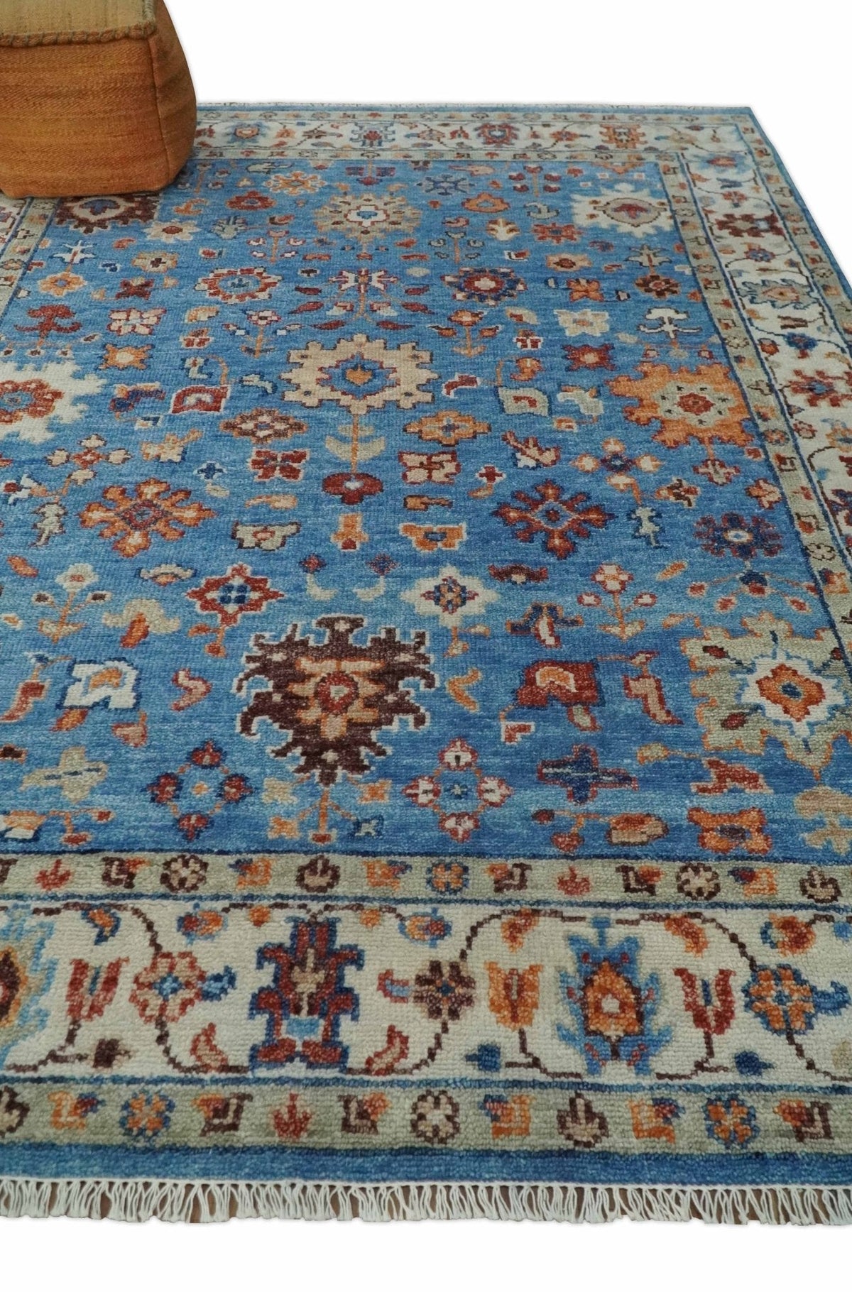 Custom Made Hand Knotted Blue and Ivory Traditional Turkish Oushak Design Wool Rug.