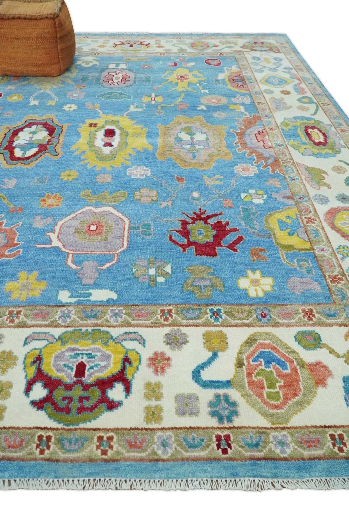 Blue and Ivory Traditional Oushak Hand Knotted Wool Area Rug.