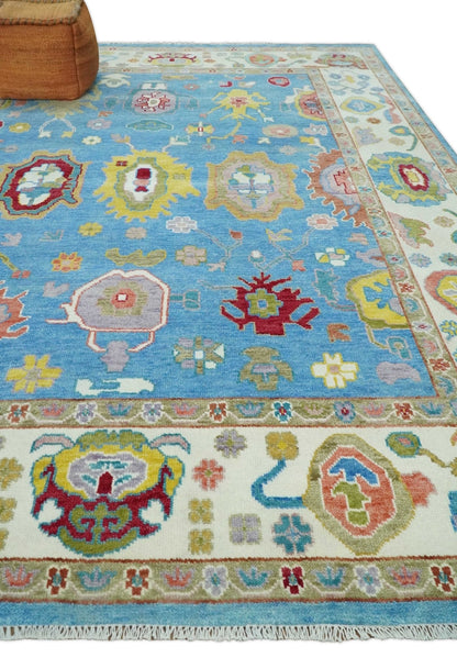 Blue and Ivory Traditional Oushak Hand Knotted Wool Area Rug.
