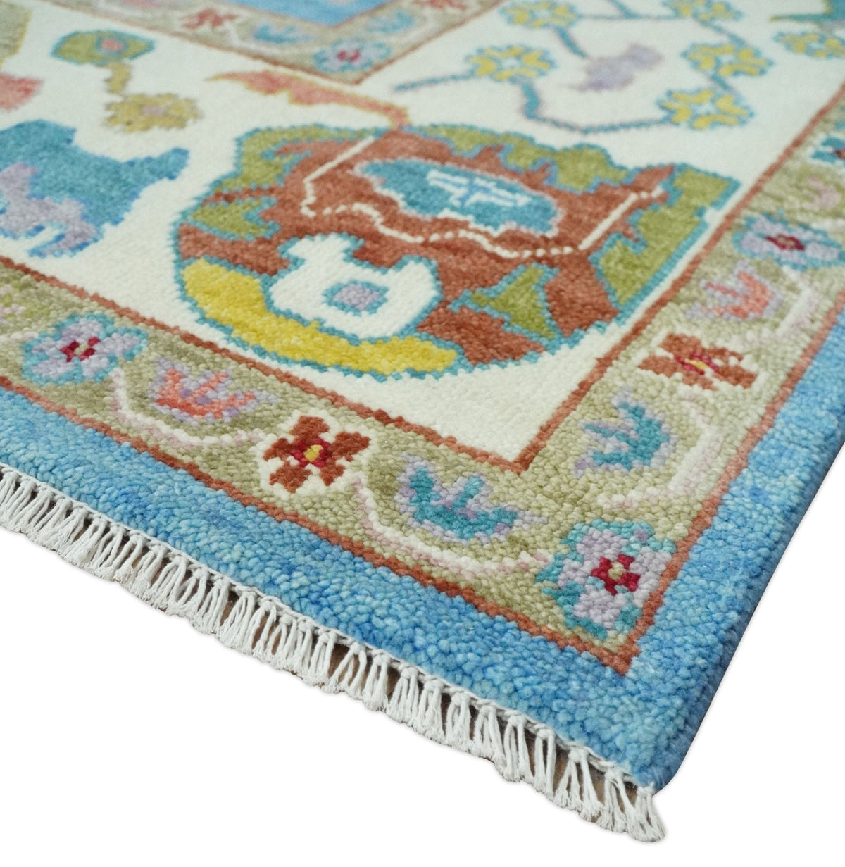 Blue and Ivory Traditional Oushak Hand Knotted Wool Area Rug.