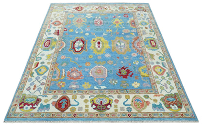 Blue and Ivory Traditional Oushak Hand Knotted Wool Area Rug.
