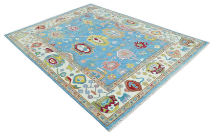 Blue and Ivory Traditional Oushak Hand Knotted Wool Area Rug.