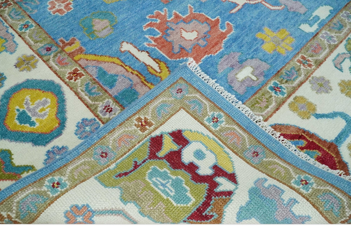 Blue and Ivory Traditional Oushak Hand Knotted Wool Area Rug.