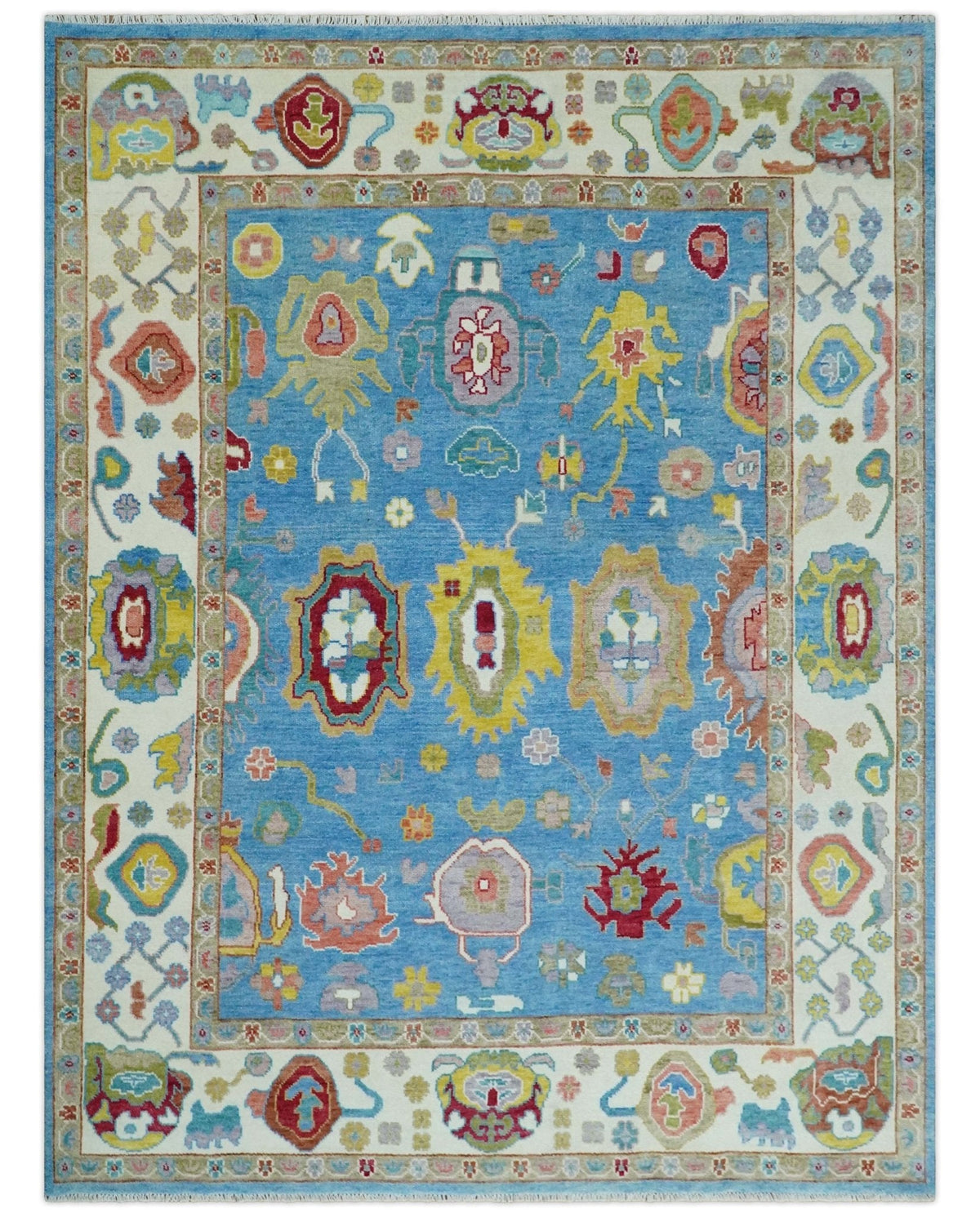 Blue and Ivory Traditional Oushak Hand Knotted Wool Area Rug.
