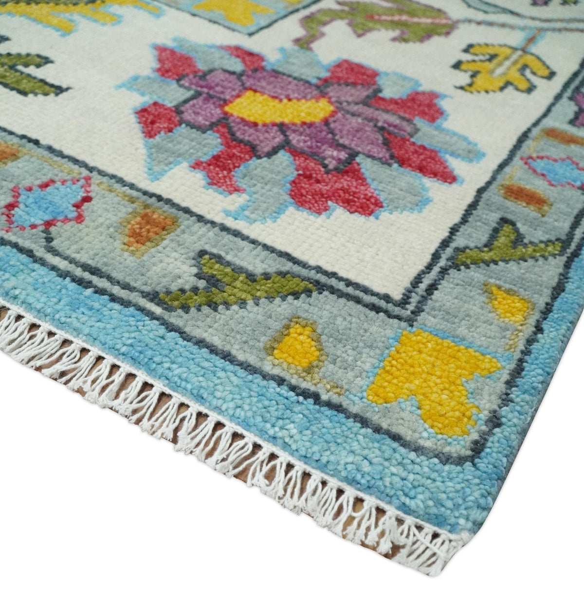 Custom Made Hand Knotted Blue and Ivory Traditional Oushak Wool Area Rug.