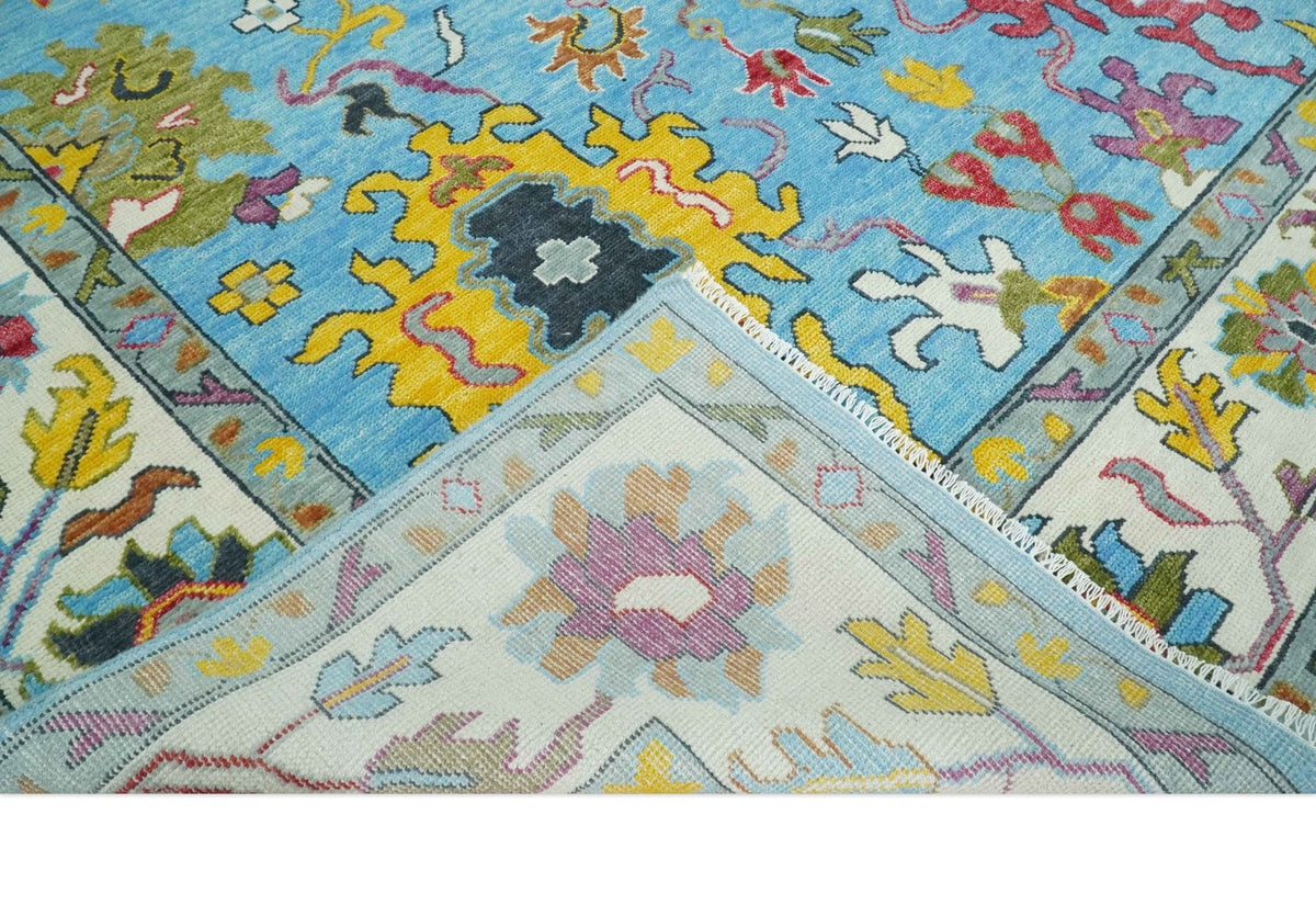 Custom Made Hand Knotted Blue and Ivory Traditional Oushak Wool Area Rug.