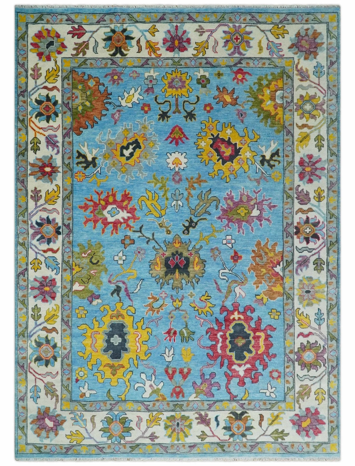 Custom Made Hand Knotted Blue and Ivory Traditional Oushak Wool Area Rug.