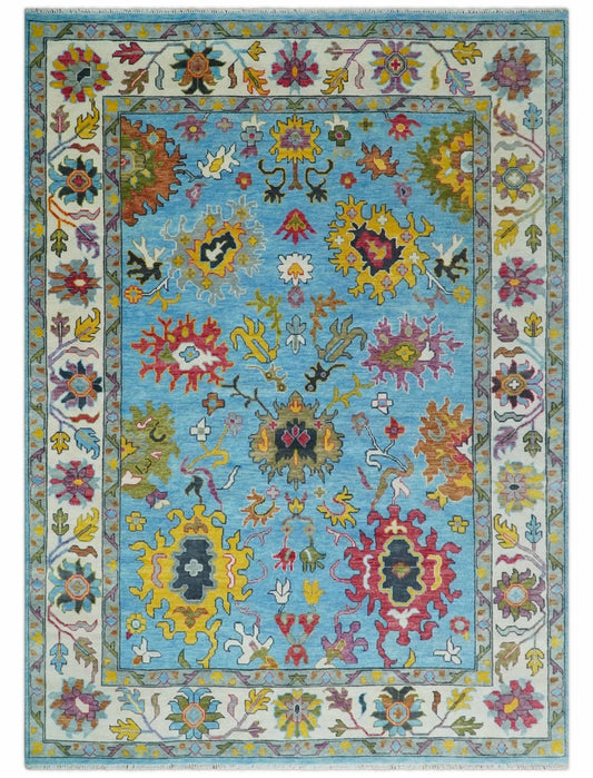 Custom Made Hand Knotted Blue and Ivory Traditional Oushak Wool Area Rug.