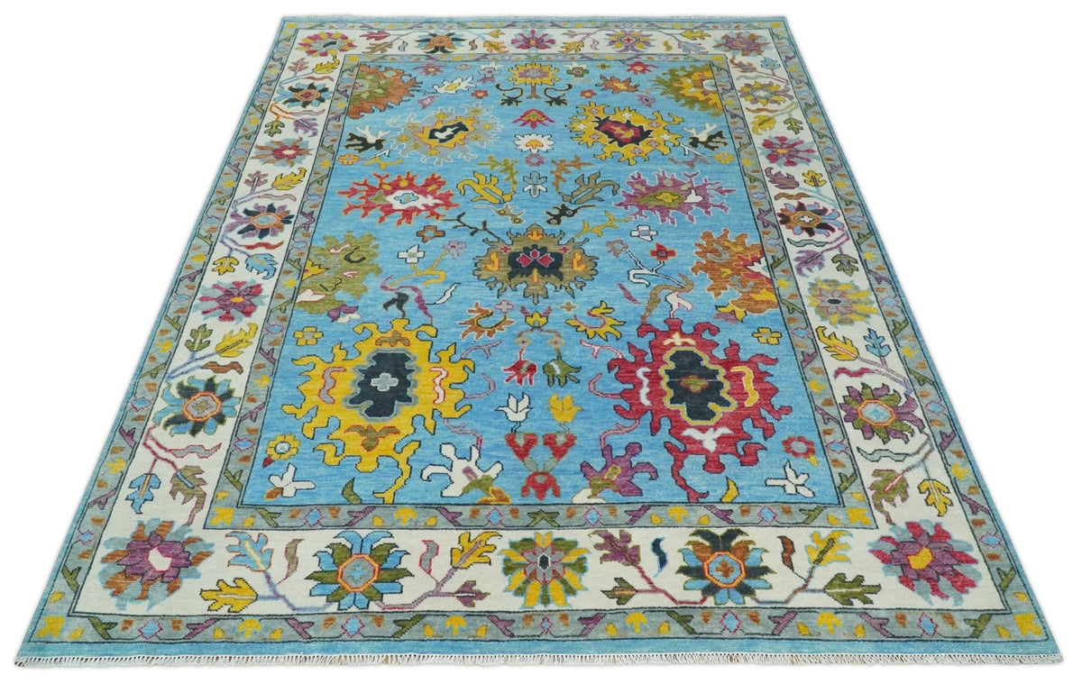 Custom Made Hand Knotted Blue and Ivory Traditional Oushak Wool Area Rug.