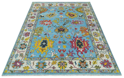 Custom Made Hand Knotted Blue and Ivory Traditional Oushak Wool Area Rug.