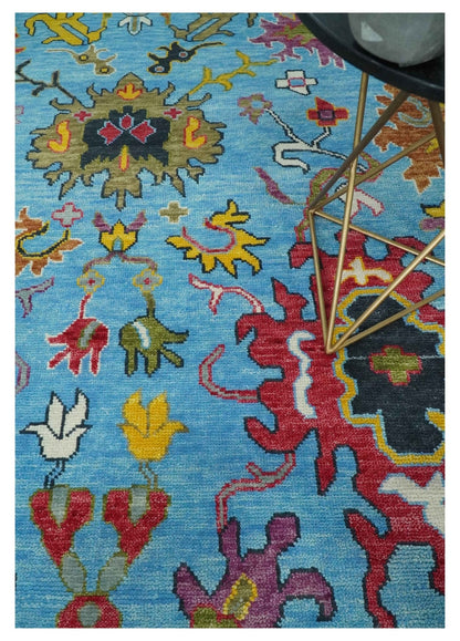 Custom Made Hand Knotted Blue and Ivory Traditional Oushak Wool Area Rug.