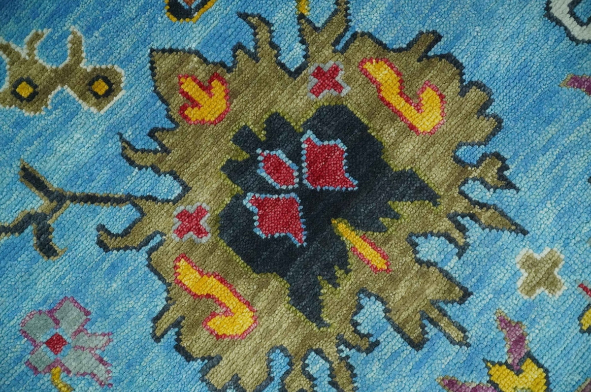 Custom Made Hand Knotted Blue and Ivory Traditional Oushak Wool Area Rug.