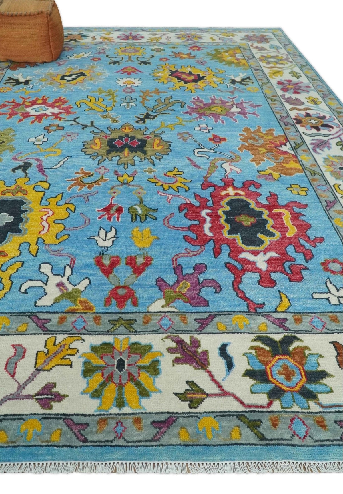 Custom Made Hand Knotted Blue and Ivory Traditional Oushak Wool Area Rug.