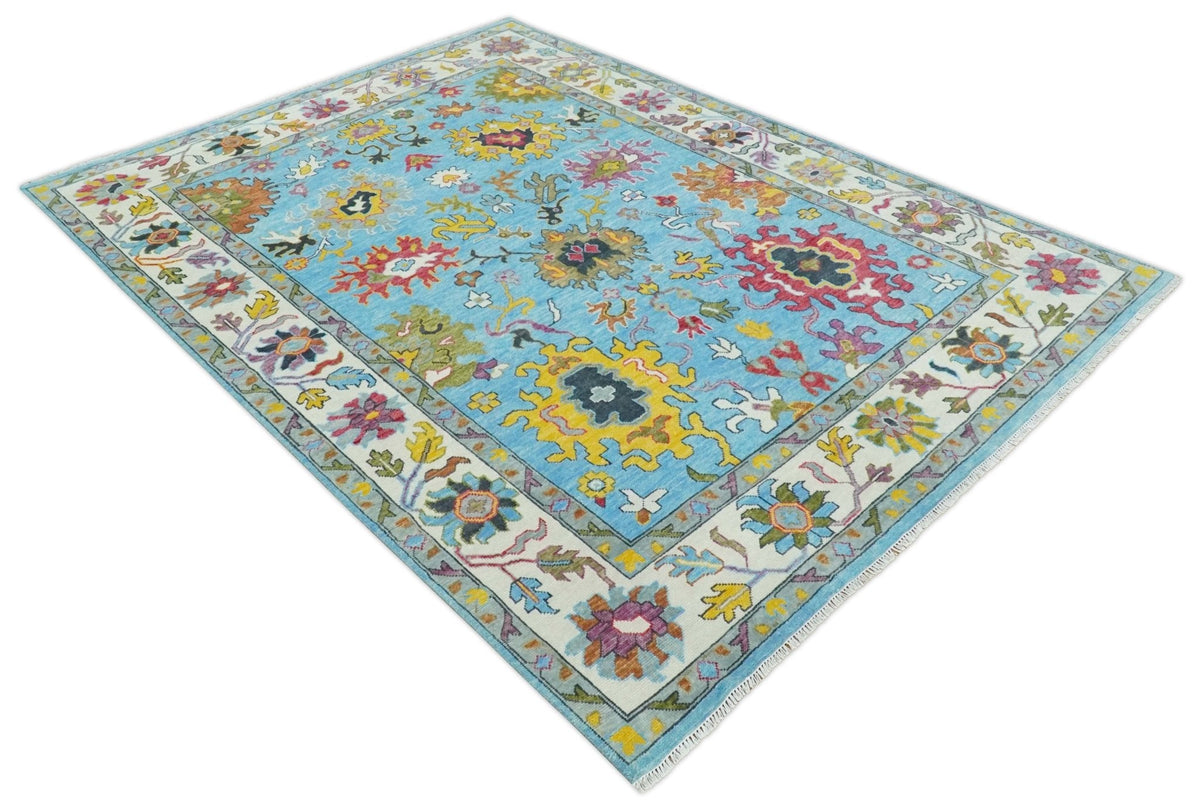 Custom Made Hand Knotted Blue and Ivory Traditional Oushak Wool Area Rug.