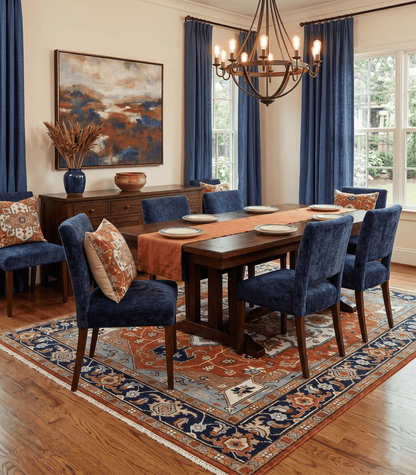 Hand Knotted Blue and Rust Traditional Heriz Multi Size Wool Area Rug.