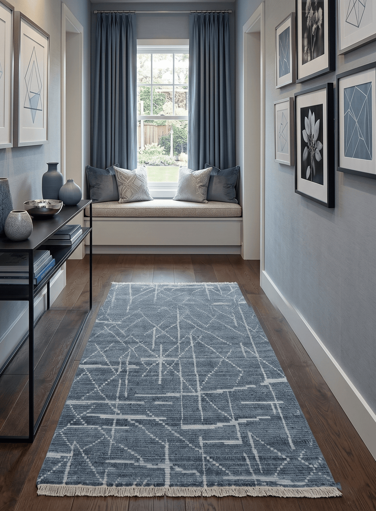 Hand Knotted Blue and Silver Trellis Moroccan Blended Wool Rug.