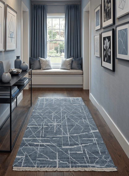 Hand Knotted Blue and Silver Trellis Moroccan Blended Wool Rug.