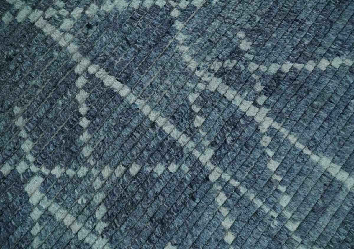 Hand Knotted Blue and Silver Trellis Moroccan Blended Wool Rug.