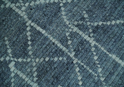 Hand Knotted Blue and Silver Trellis Moroccan Blended Wool Rug.