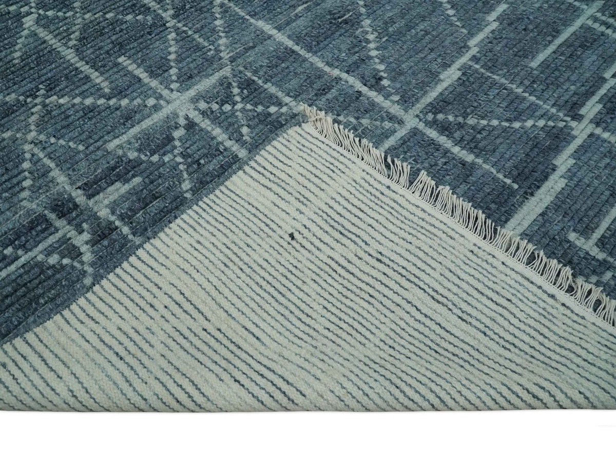 Hand Knotted Blue and Silver Trellis Moroccan Blended Wool Rug.
