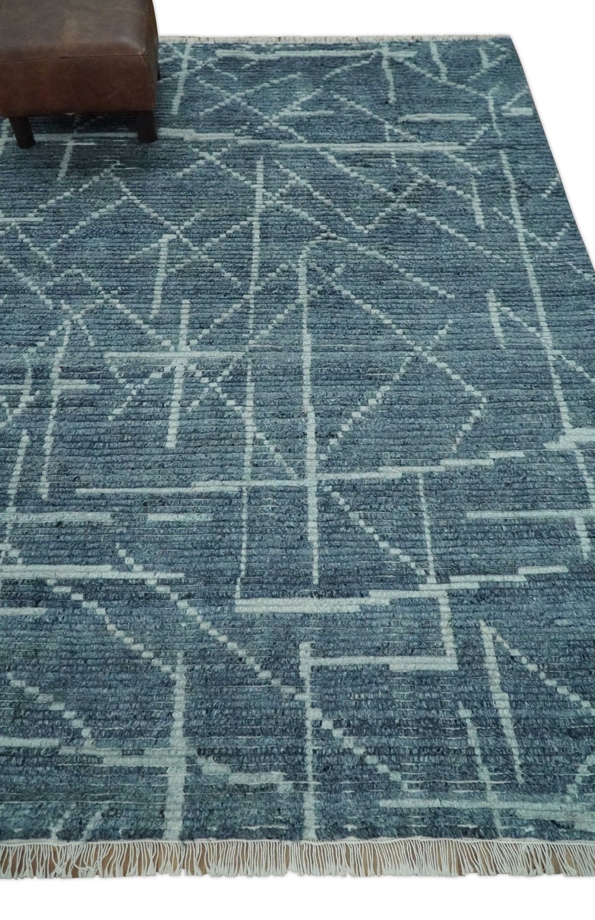 Hand Knotted Blue and Silver Trellis Moroccan Blended Wool Rug.
