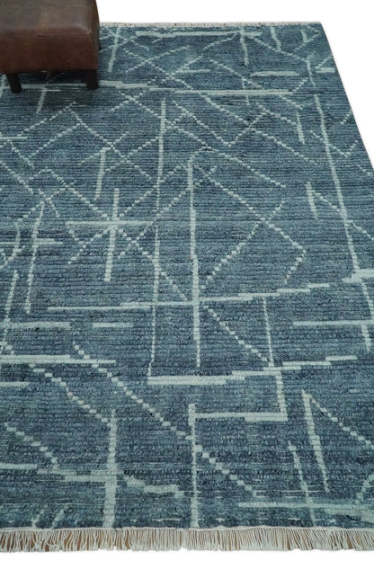 Hand Knotted Blue and Silver Trellis Moroccan Blended Wool Rug.