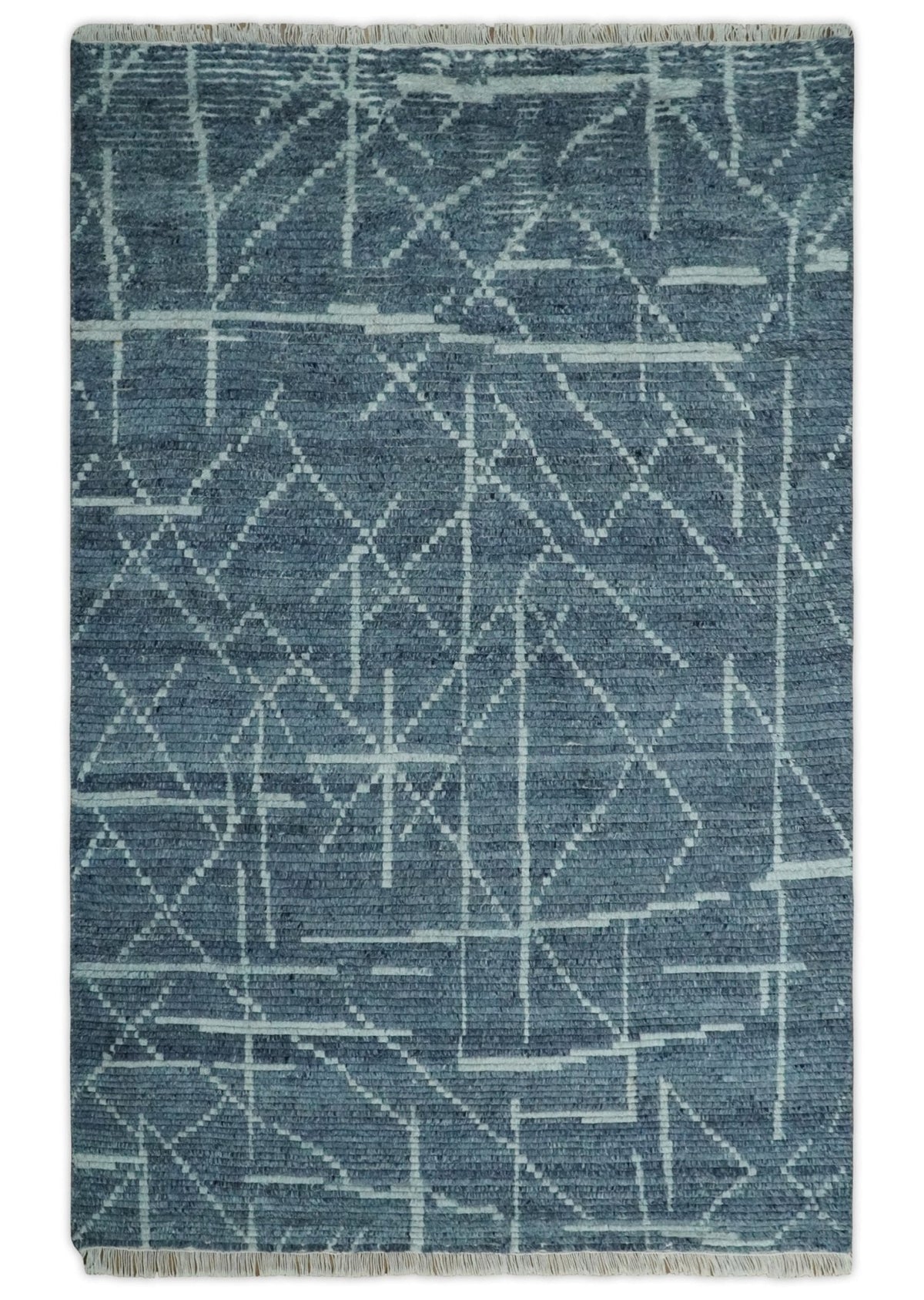 Hand Knotted Blue and Silver Trellis Moroccan Blended Wool Rug.